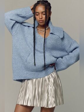 Anthropologie Pilcro Collared Pouch Pocket Sweater Blue XS Wool Blend Oversized